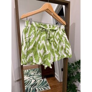 Anthropologie Linen Blend Ikat  Paperbag Waist Shorts Women's Medium Green White